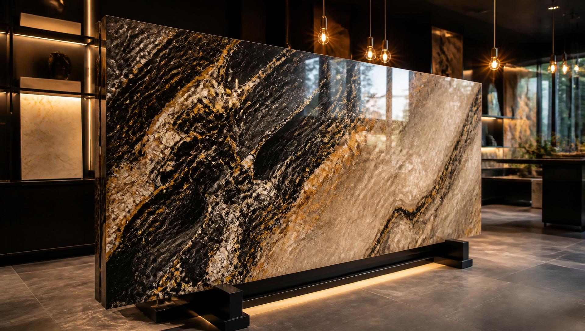 Polished granite slab in showroom